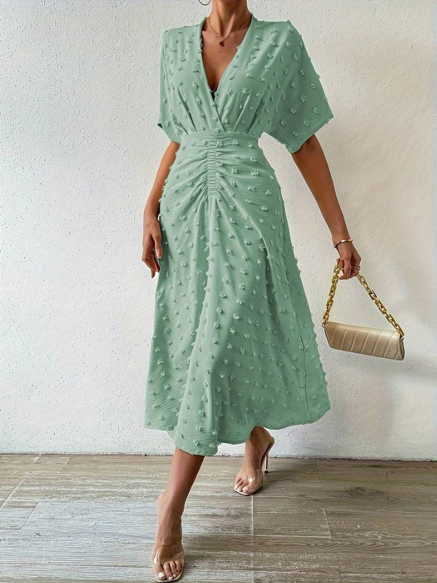 Women's Swiss Dot A-Line Fall Midi Dress Short Sleeve