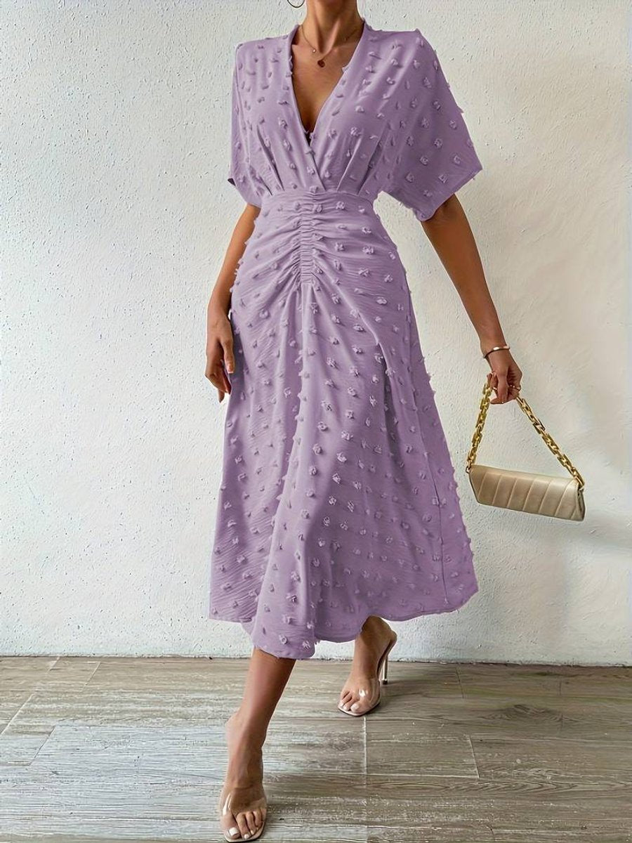Women's Swiss Dot A-Line Fall Midi Dress Short Sleeve
