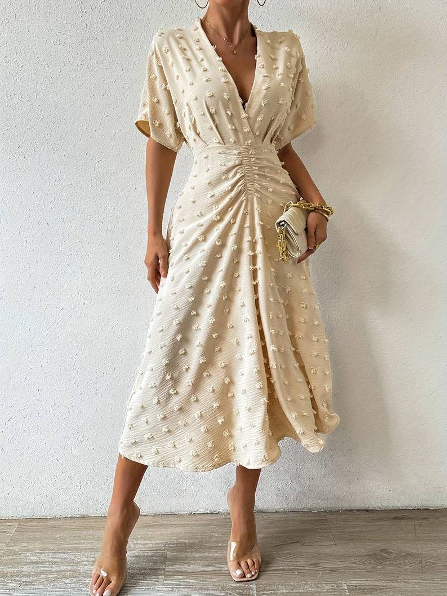 Women's Swiss Dot A-Line Fall Midi Dress Short Sleeve
