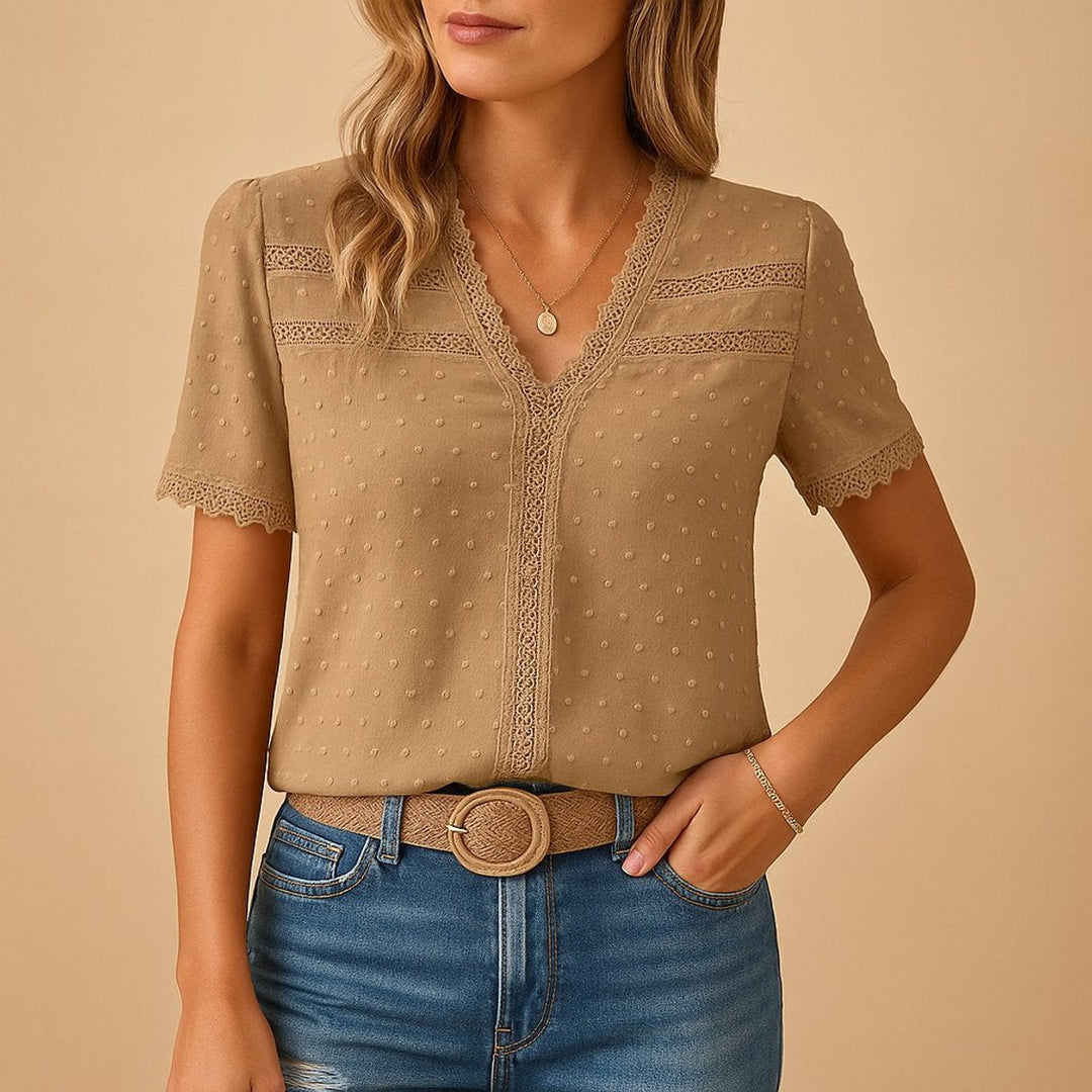 Women's Swiss Dot Lace-Trim V-Neck Short-Sleeve Blouse