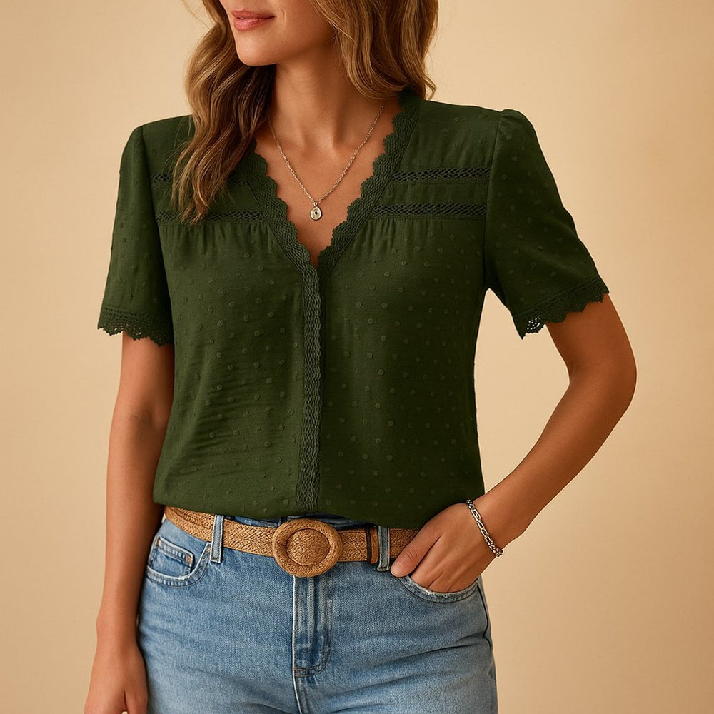 Women's Swiss Dot Lace-Trim V-Neck Short-Sleeve Blouse