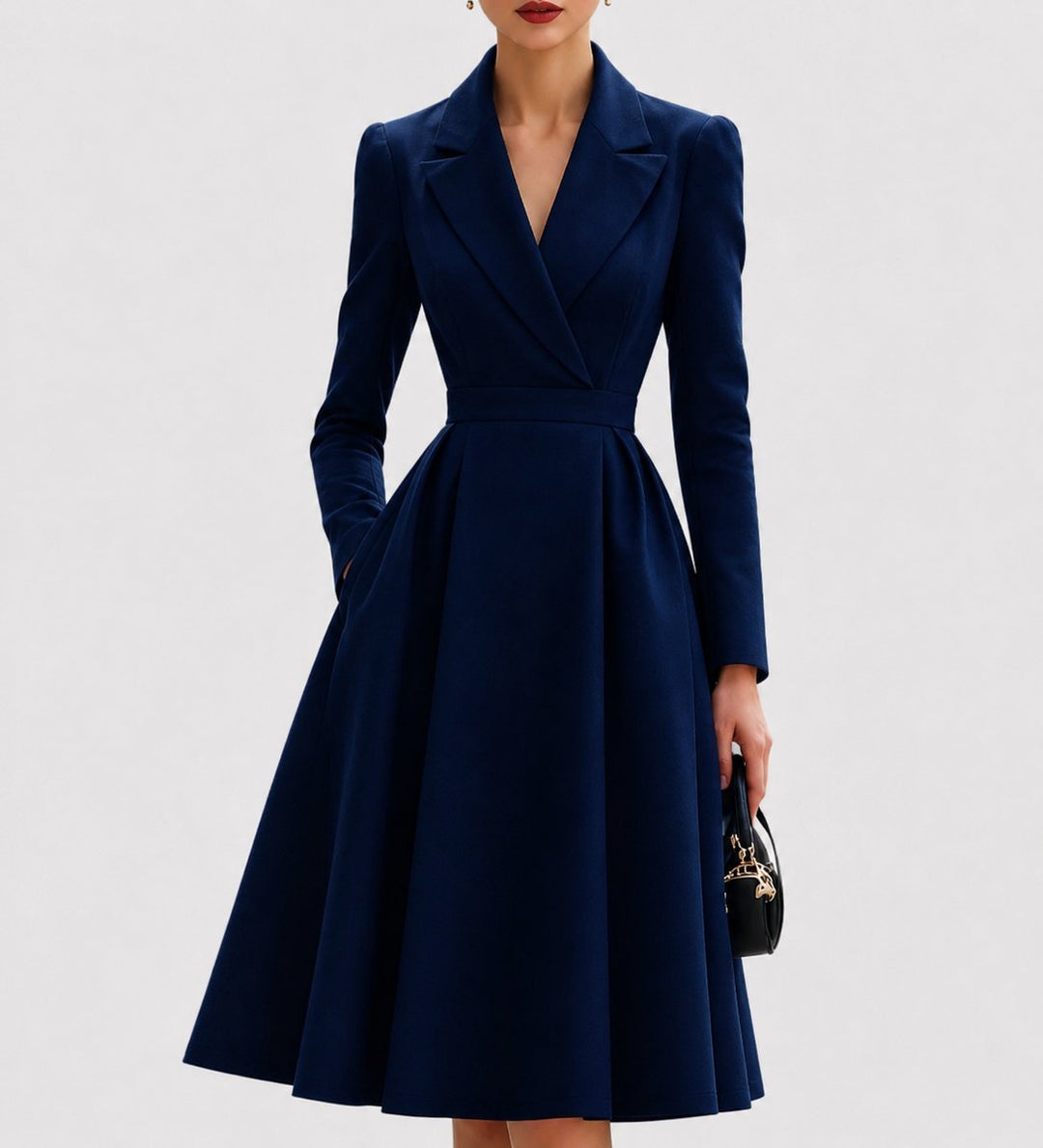 Women's Tailored A-Line Long Sleeve Fall Dress Midi Coat Dress - Navy Blue
