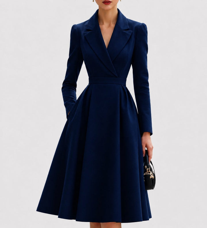 Women's Tailored A-Line Long Sleeve Fall Dress Midi Coat Dress - Navy Blue