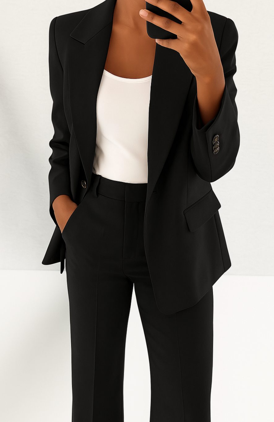Women's Tailored Blazer Pant Suit Set Two-Piece - Black