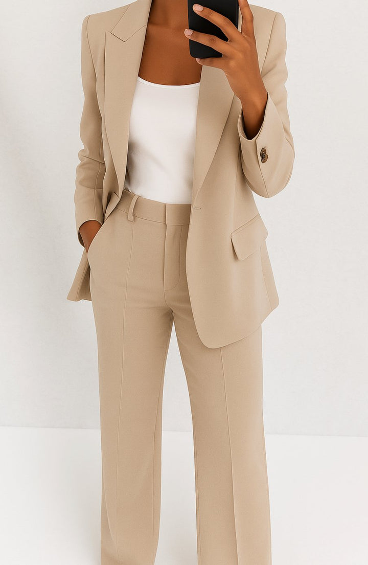 Women's Tailored Blazer Pant Suit Set Two-Piece - Beige