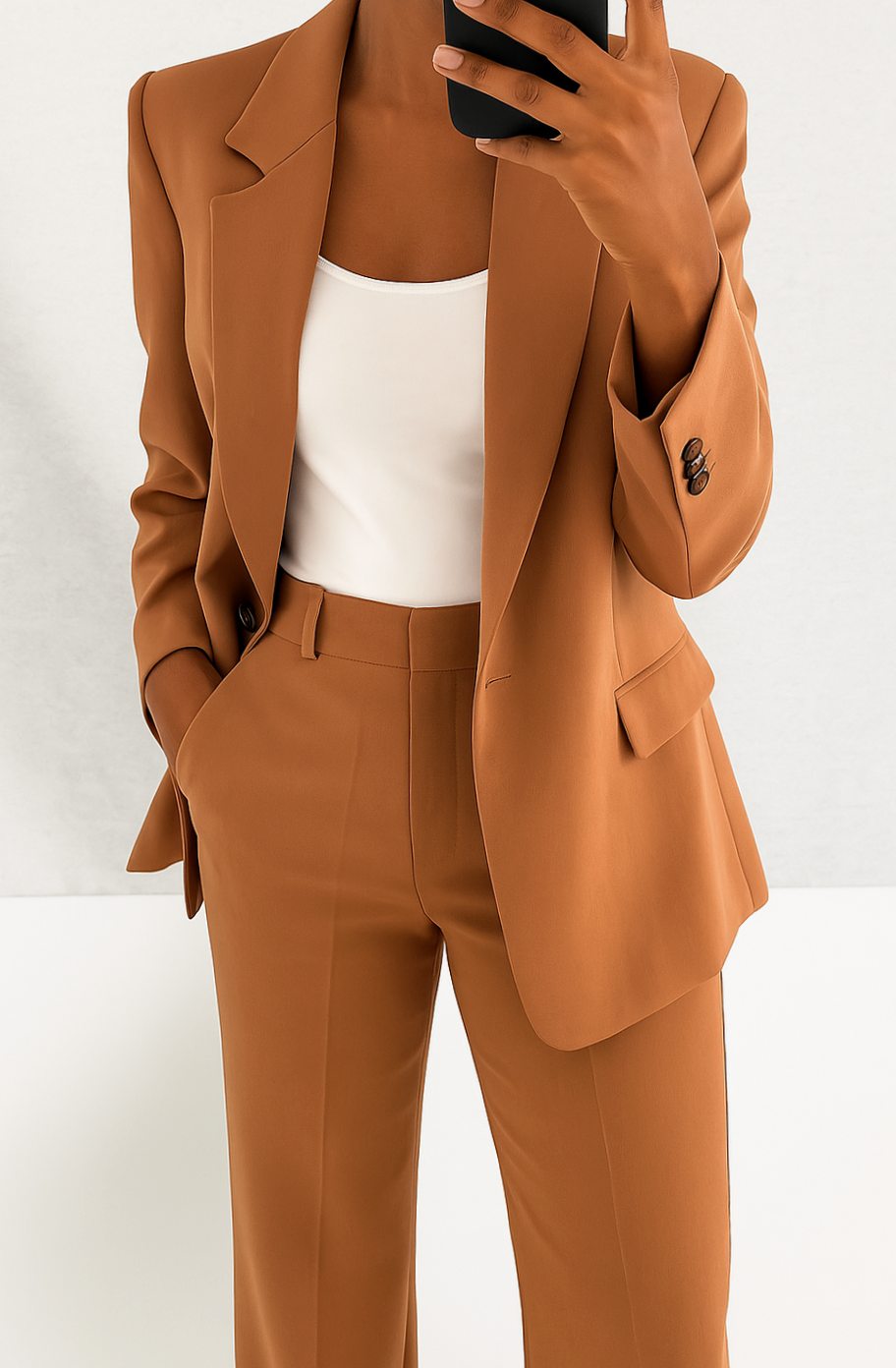 Women's Tailored Blazer Pant Suit Set Two-Piece - Brown