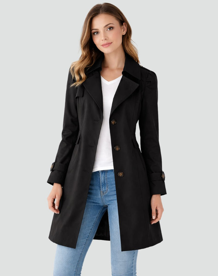 Women's Tailored Mid-Length Double-Breasted Lapel Trench Coat - Black