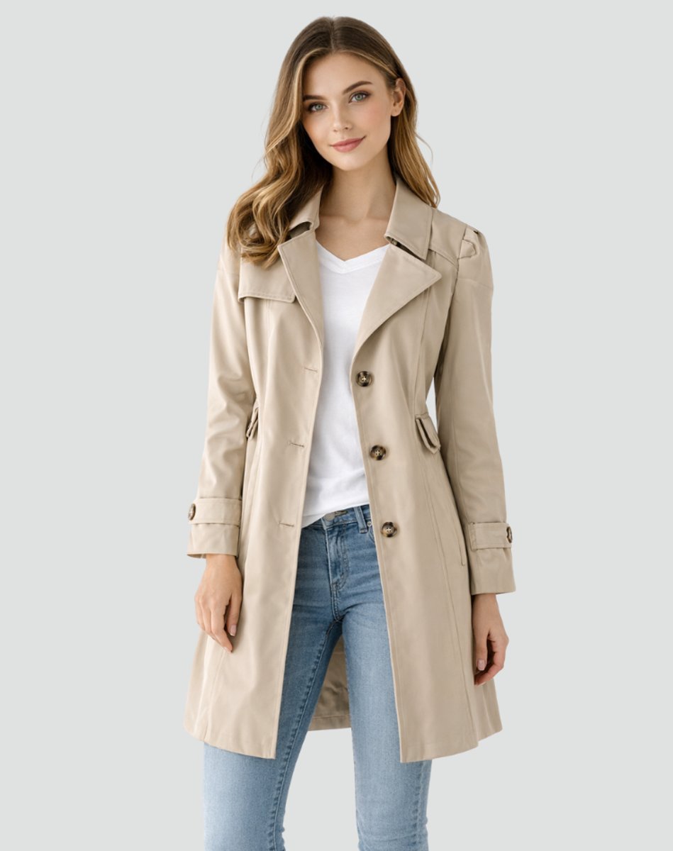 Women's Tailored Mid-Length Double-Breasted Lapel Trench Coat - Khaki