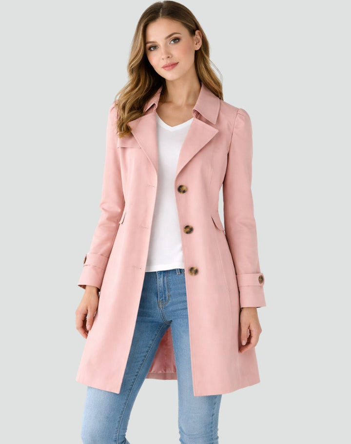 Women's Tailored Mid-Length Double-Breasted Lapel Trench Coat - Pink