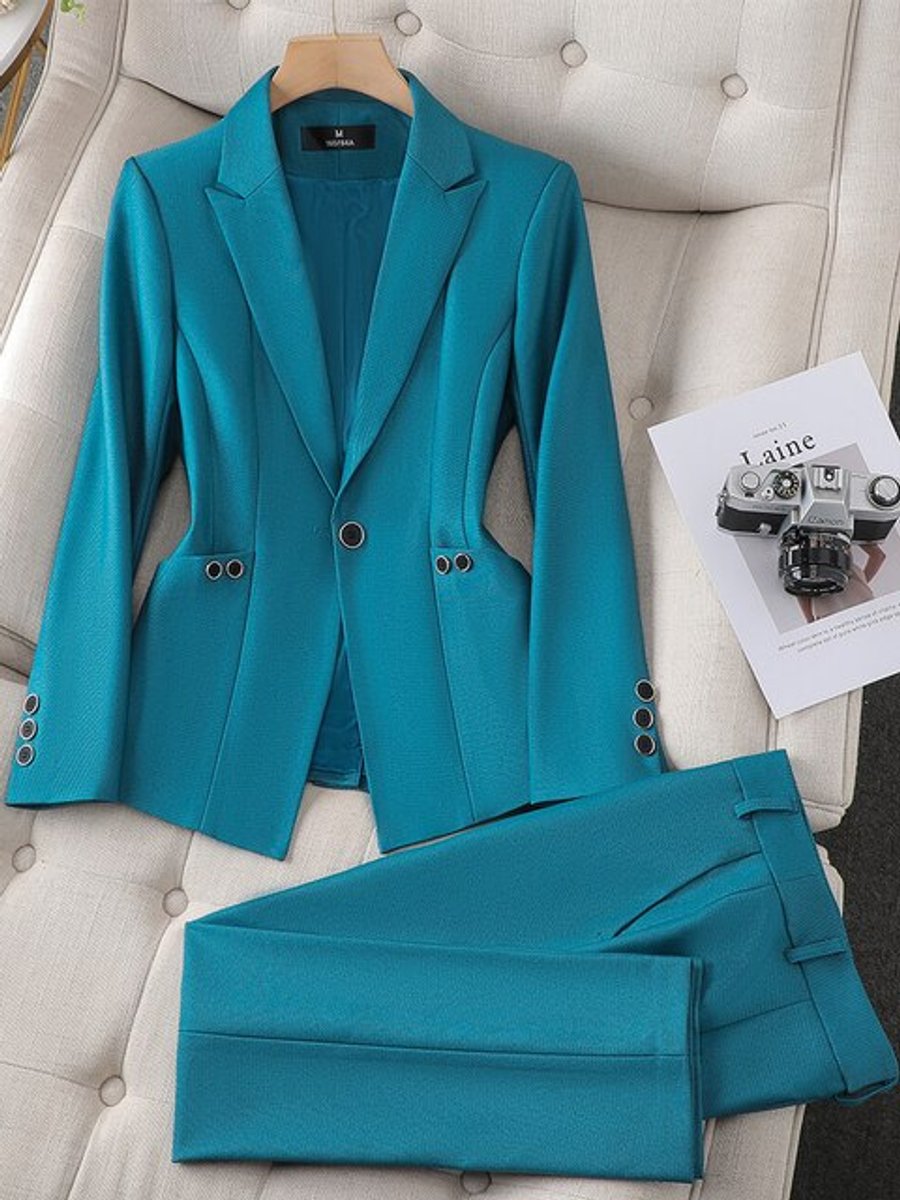 Women's Tailored Single-Button Blazer Suit Set High-Waist Pants