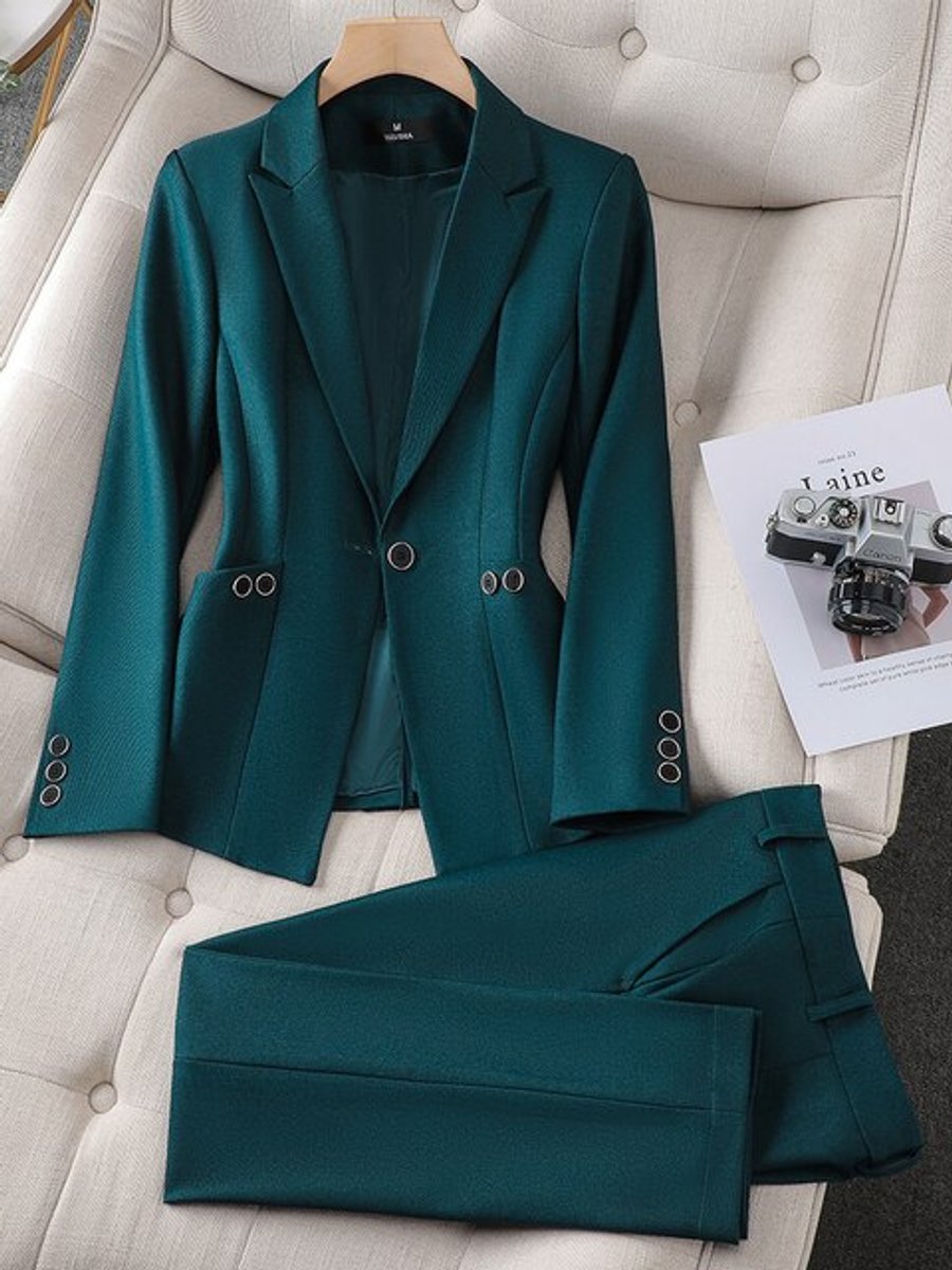 Women's Tailored Single-Button Blazer Suit Set High-Waist Pants