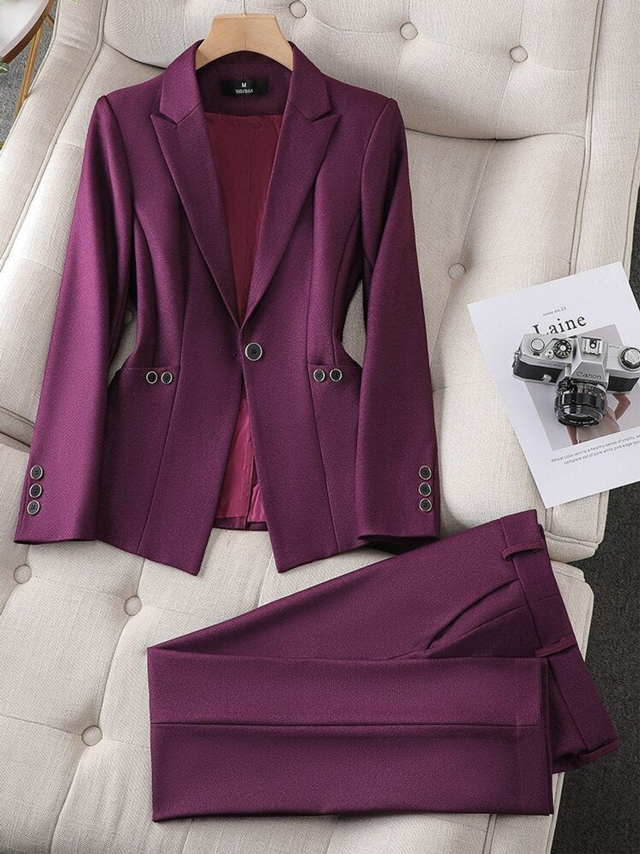 Women's Tailored Single-Button Blazer Suit Set High-Waist Pants