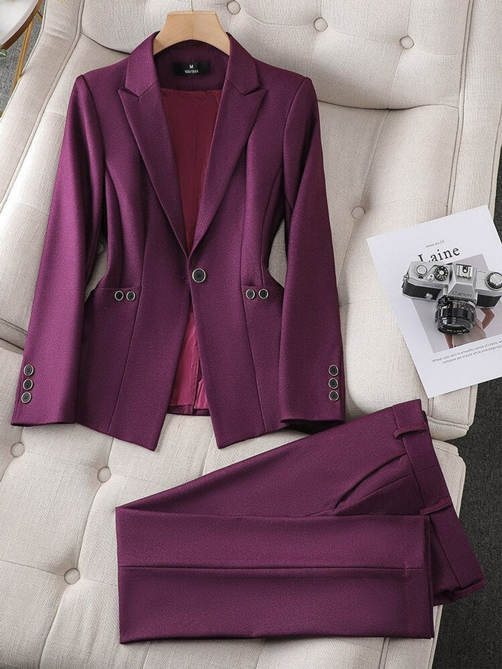 Women's Tailored Single-Button Blazer Suit Set High-Waist Pants