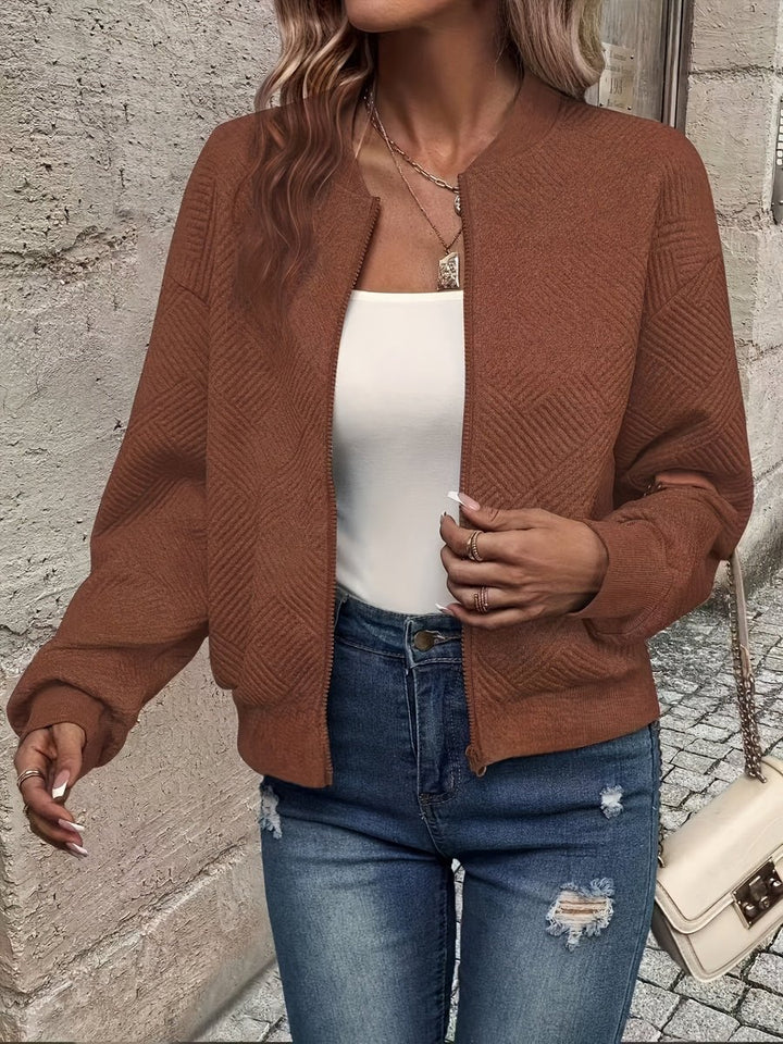 Women's Textured Zip-Up Bomber Cardigan Knit Jacket