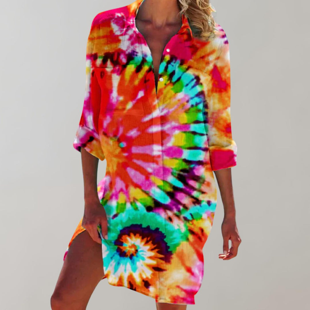 Women's Tie-Dye Button-Down Relaxed Fall Midi Dress