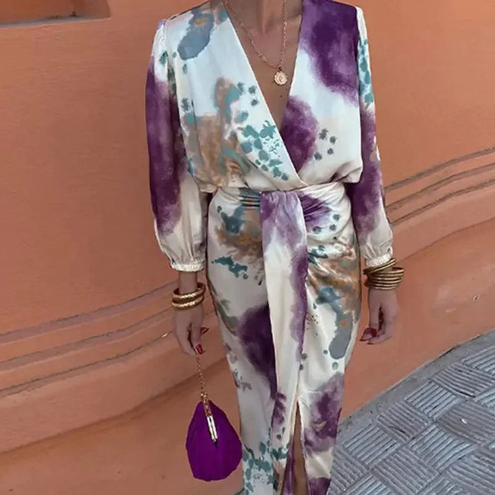 Women's Tie-Dye Wrap Fall Midi Dress Puff Sleeve Satin