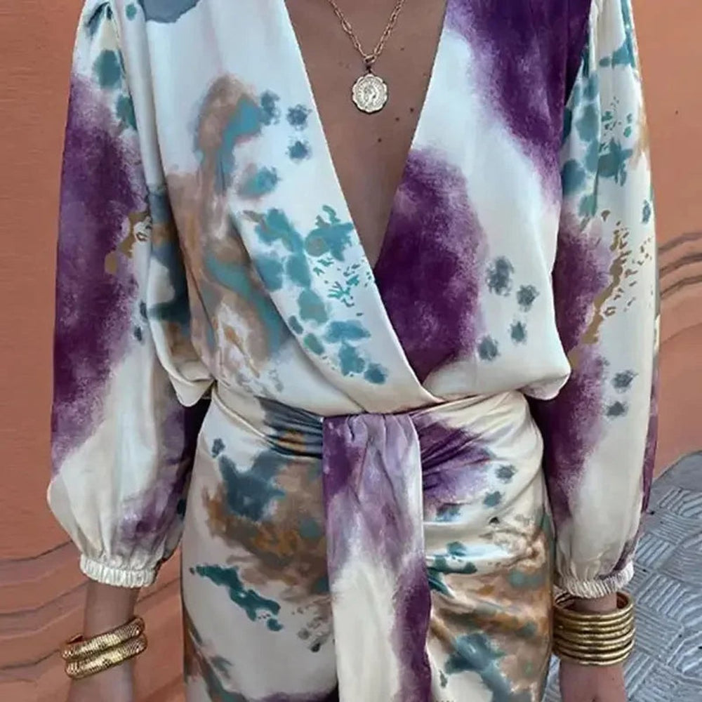 Women's Tie-Dye Wrap Fall Midi Dress Puff Sleeve Satin