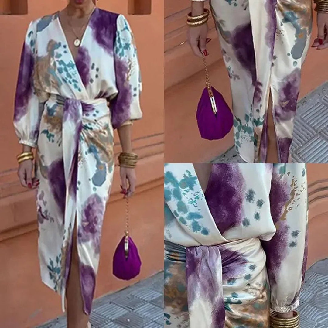 Women's Tie-Dye Wrap Fall Midi Dress Puff Sleeve Satin