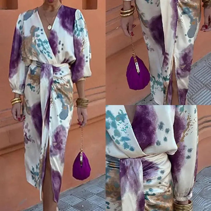 Women's Tie-Dye Wrap Fall Midi Dress Puff Sleeve Satin