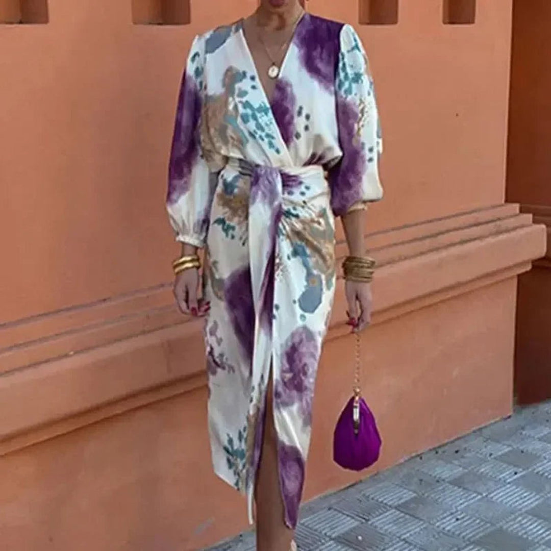 Women's Tie-Dye Wrap Fall Midi Dress Puff Sleeve Satin