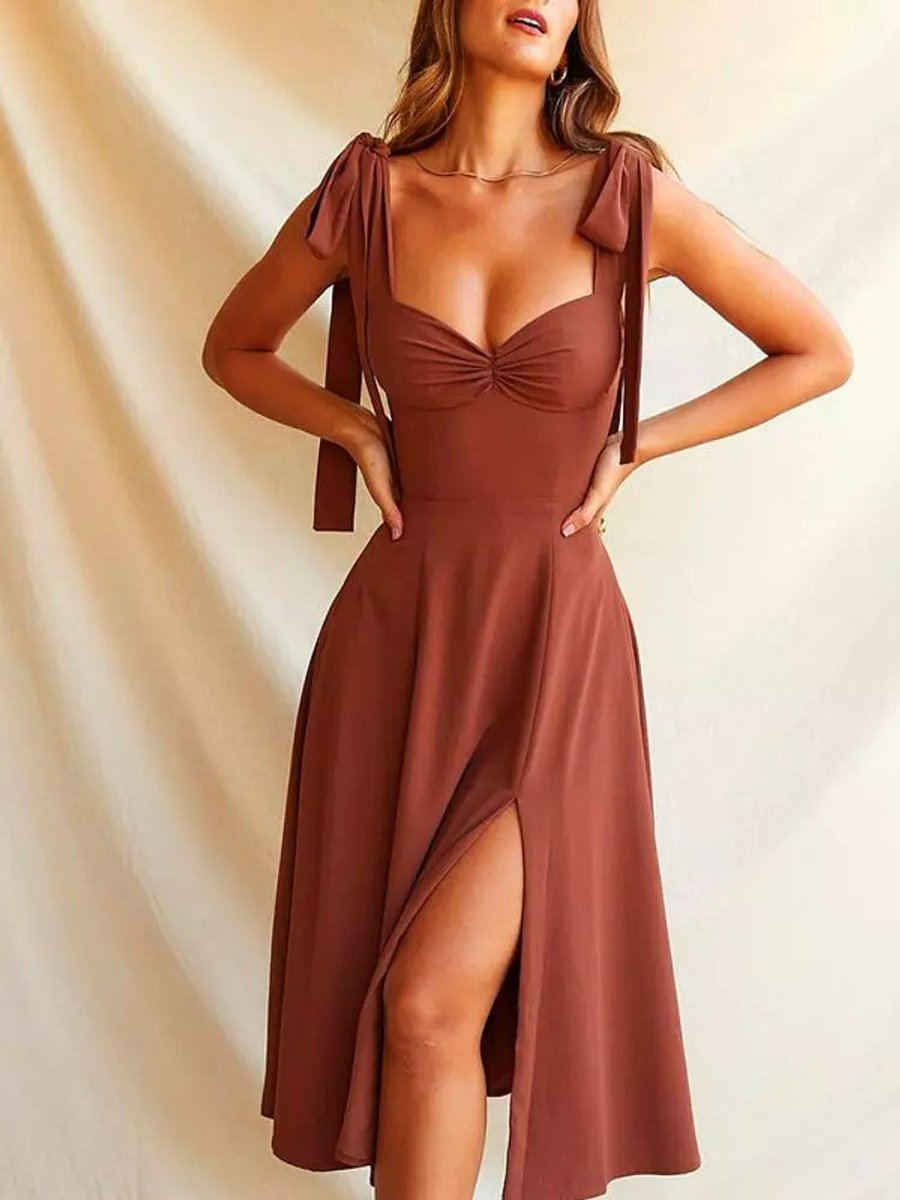 Women's Tie-Shoulder Corset A-Line Fall Midi Dress Side Slit