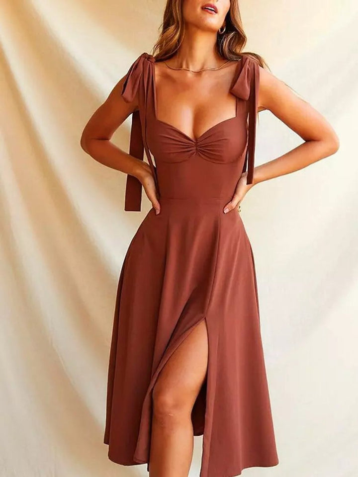 Women's Tie-Shoulder Corset A-Line Fall Midi Dress Side Slit