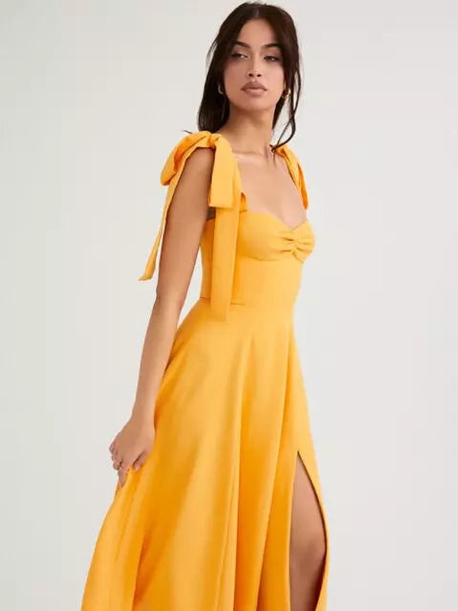 Women's Tie-Shoulder Corset A-Line Fall Midi Dress Side Slit