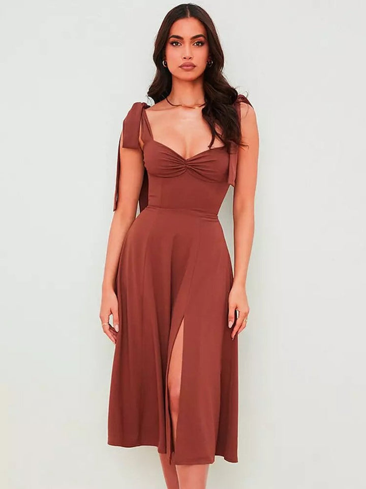 Women's Tie-Shoulder Corset A-Line Fall Midi Dress Side Slit