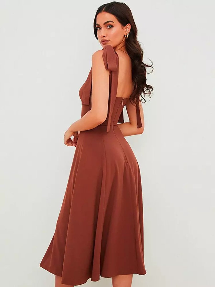 Women's Tie-Shoulder Corset A-Line Fall Midi Dress Side Slit