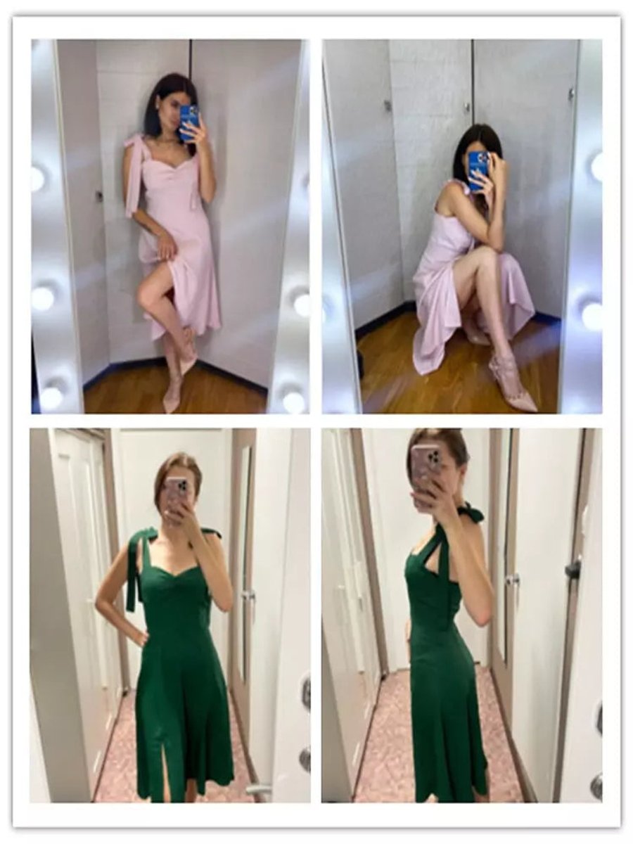 Women's Tie-Shoulder Corset A-Line Fall Midi Dress Side Slit