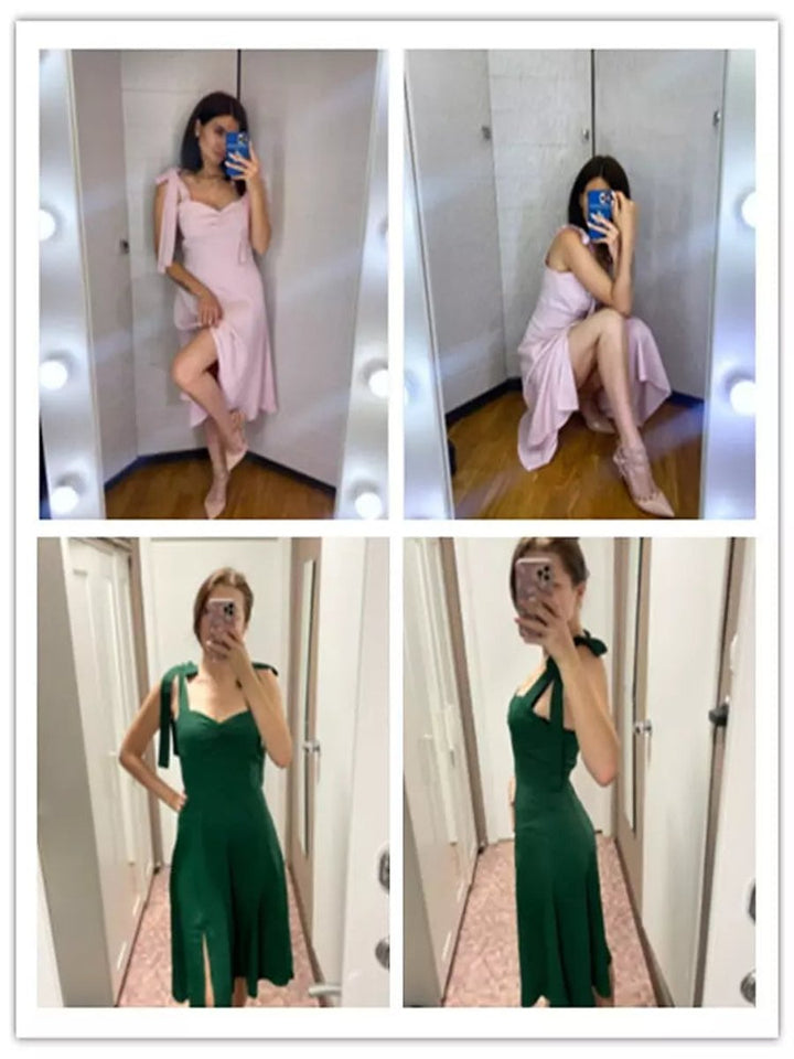 Women's Tie-Shoulder Corset A-Line Fall Midi Dress Side Slit