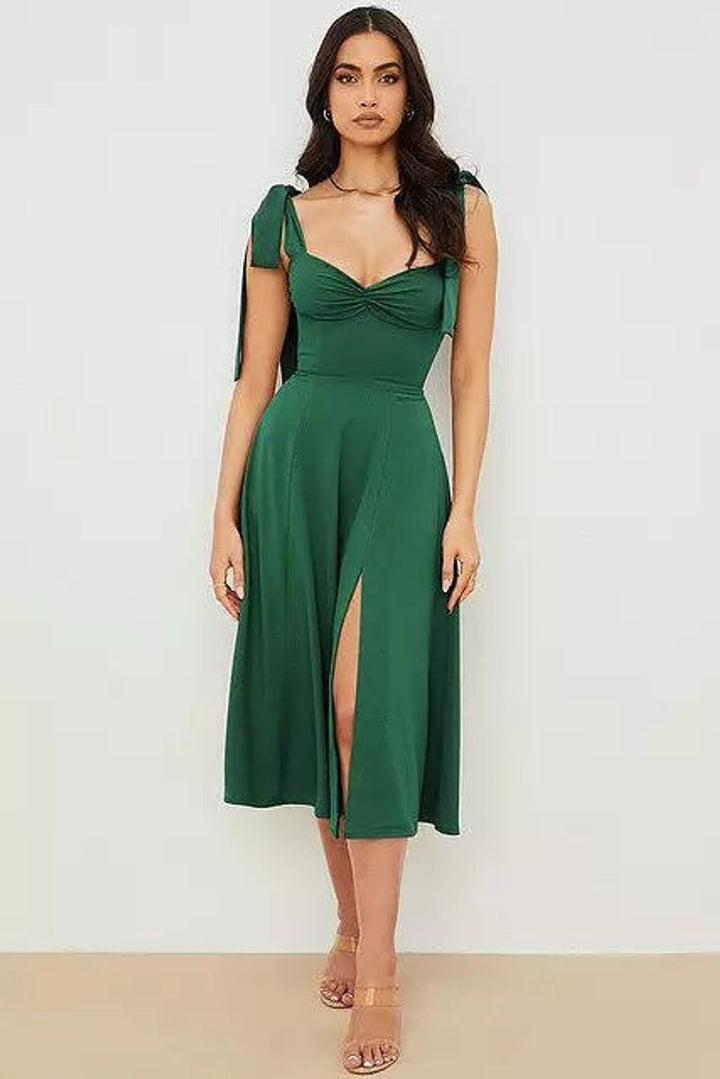 Women's Tie-Shoulder Corset A-Line Fall Midi Dress Side Slit