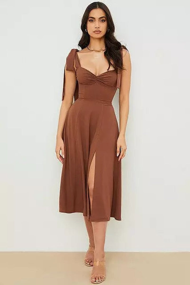 Women's Tie-Shoulder Corset A-Line Fall Midi Dress Side Slit