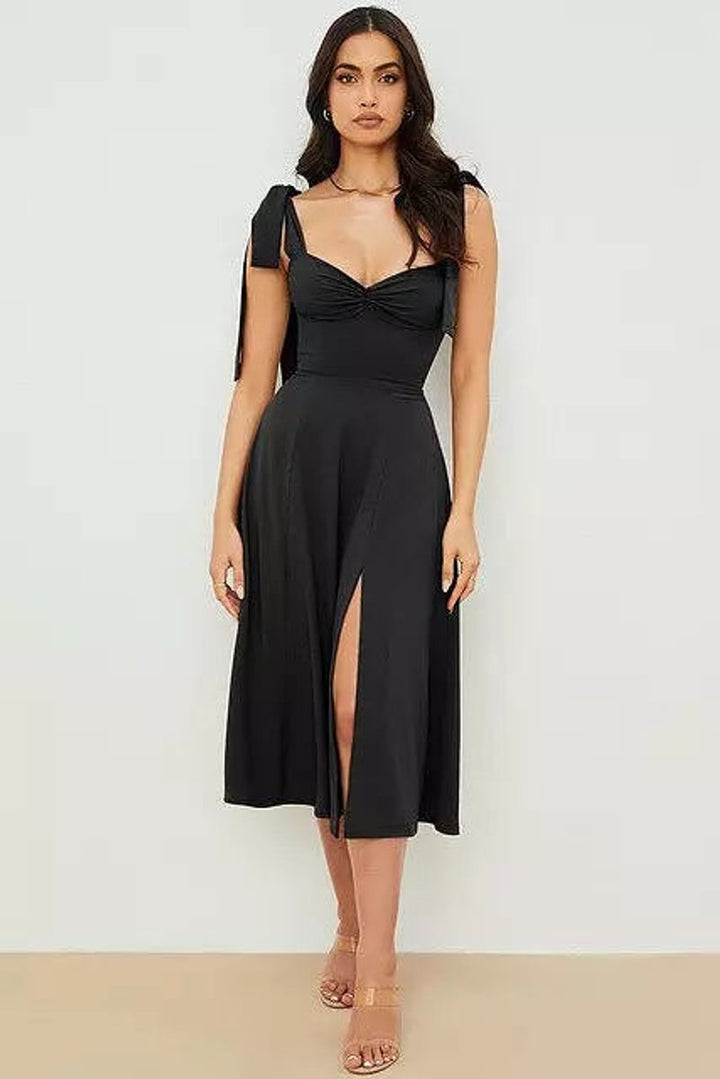 Women's Tie-Shoulder Corset A-Line Fall Midi Dress Side Slit