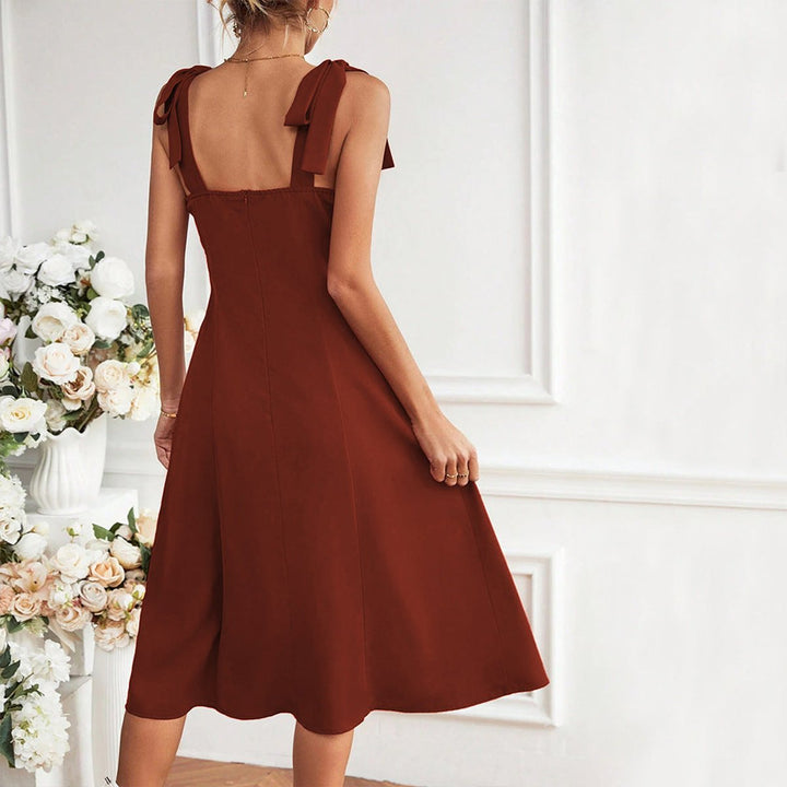 Women's Tie-Strap Sweetheart-Neck Front-Slit Fall Midi Dress