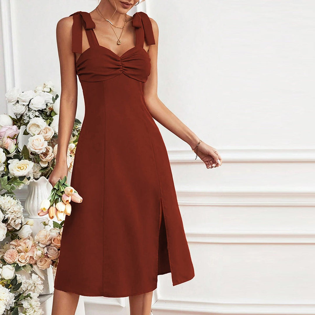 Women's Tie-Strap Sweetheart-Neck Front-Slit Fall Midi Dress