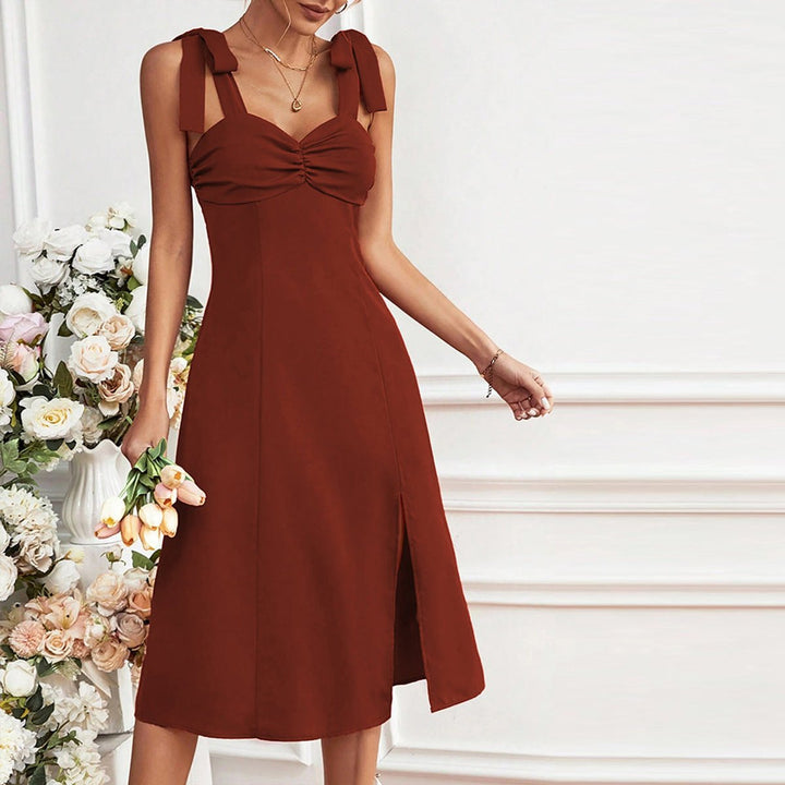 Women's Tie-Strap Sweetheart-Neck Front-Slit Fall Midi Dress