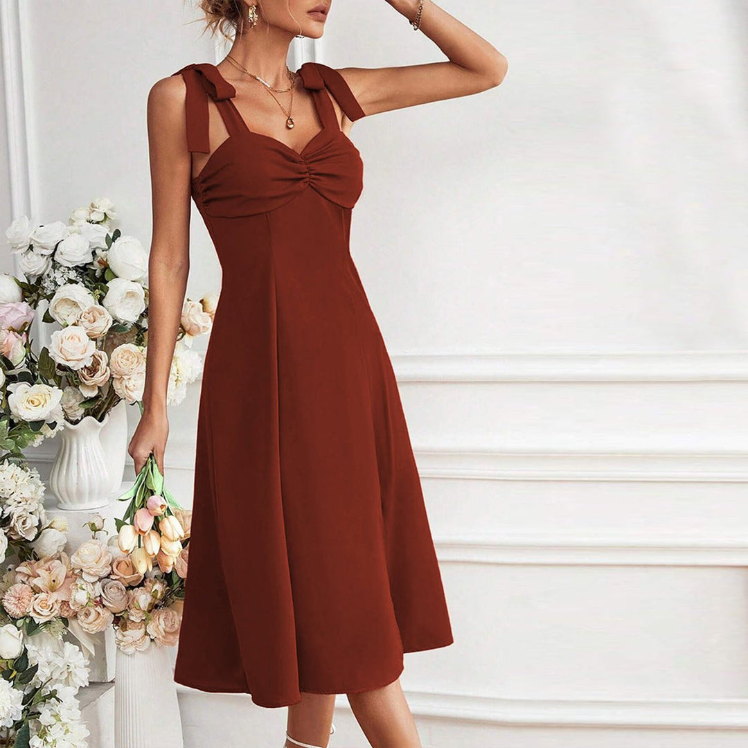 Women's Tie-Strap Sweetheart-Neck Front-Slit Fall Midi Dress