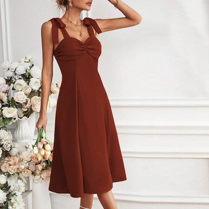 Women's Tie-Strap Sweetheart-Neck Front-Slit Fall Midi Dress