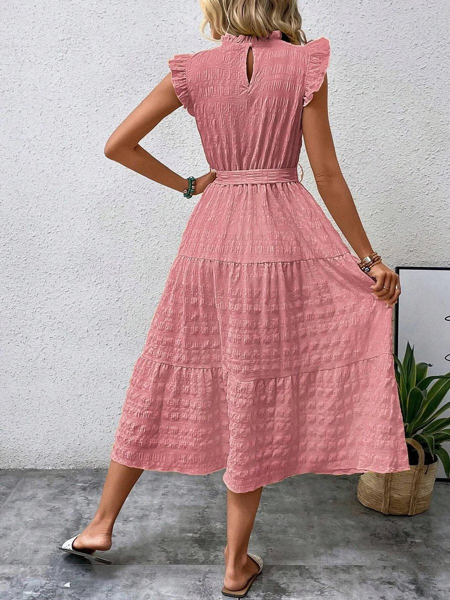 Women's Tiered A-Line Ruffle-Sleeve Fall Midi Dress Belted
