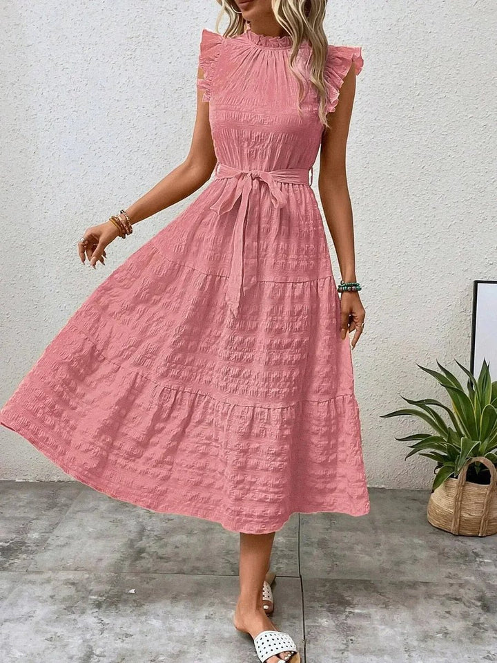 Women's Tiered A-Line Ruffle-Sleeve Fall Midi Dress Belted