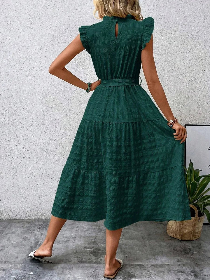 Women's Tiered A-Line Ruffle-Sleeve Fall Midi Dress Belted