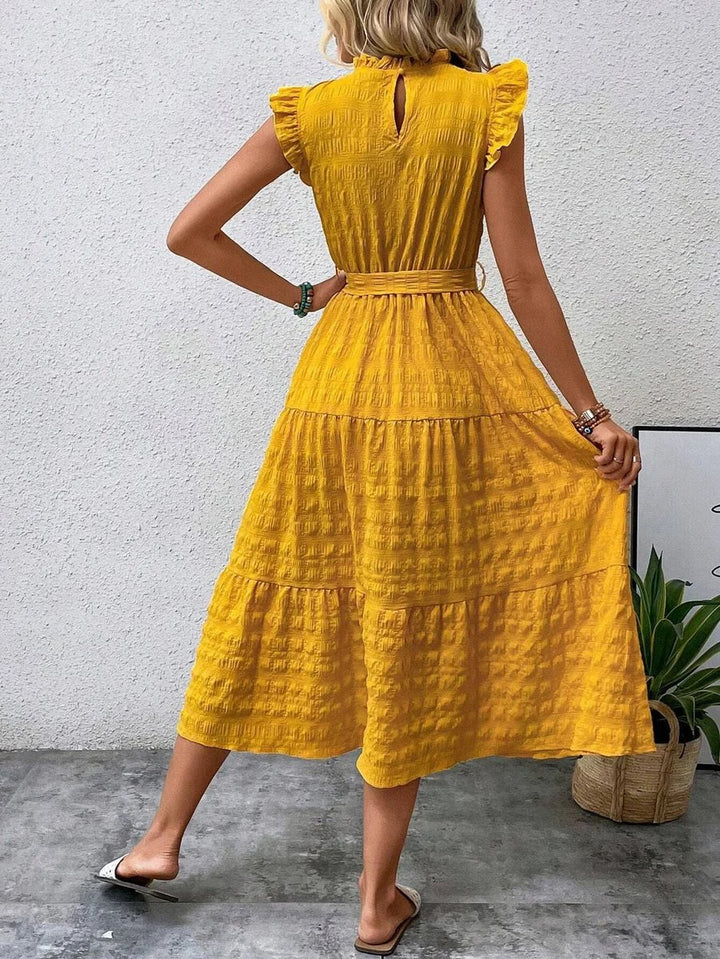 Women's Tiered A-Line Ruffle-Sleeve Fall Midi Dress Belted