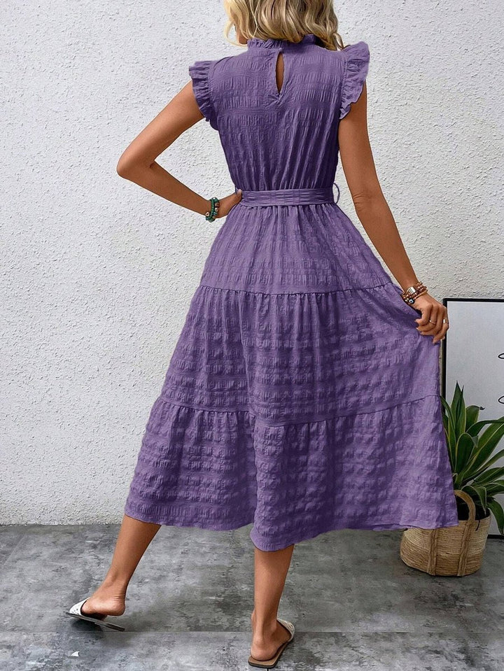 Women's Tiered A-Line Ruffle-Sleeve Fall Midi Dress Belted