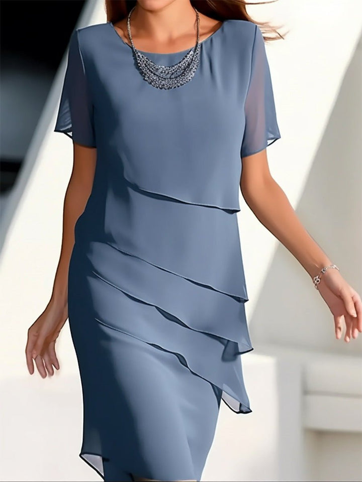 Women's Tiered Chiffon Fall Midi Dress Round Neck Short Sleeve