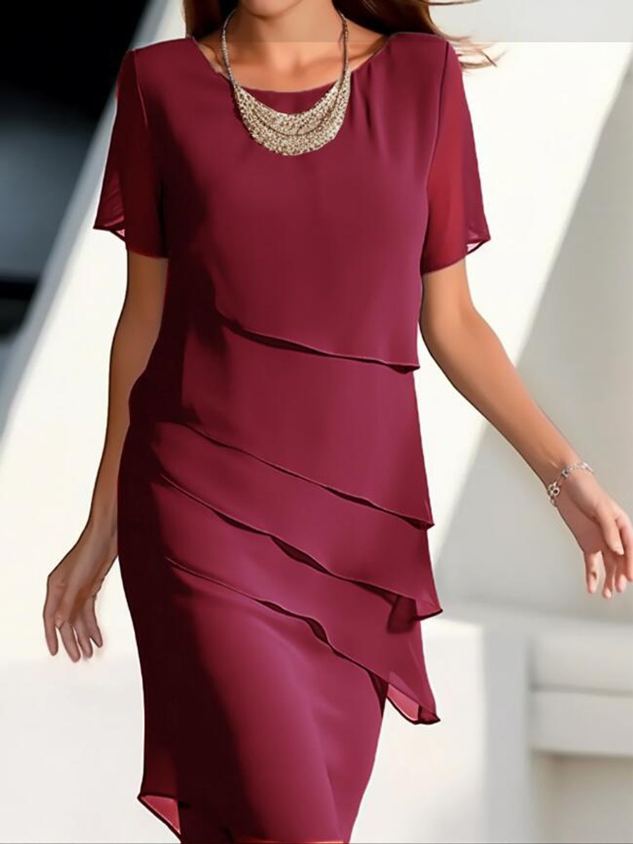 Women's Tiered Chiffon Fall Midi Dress Round Neck Short Sleeve