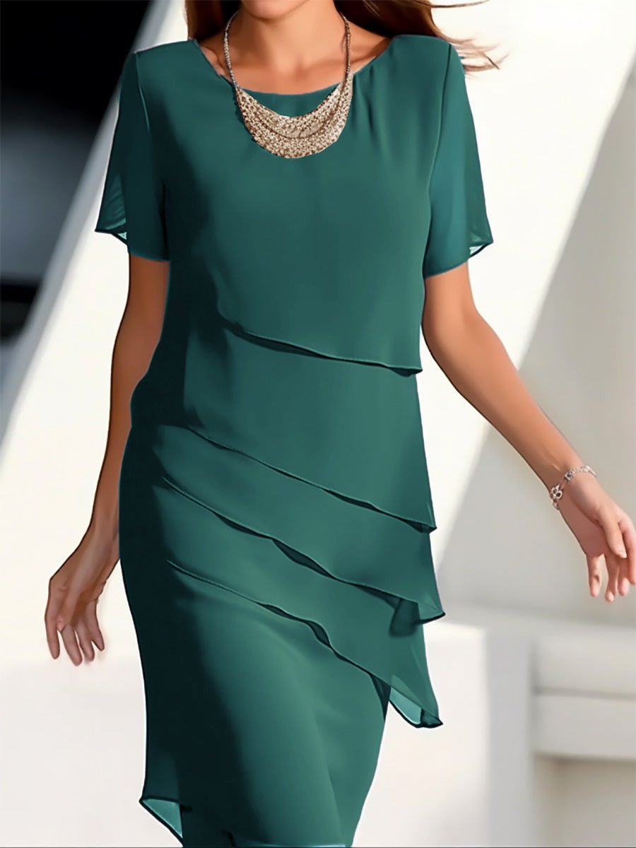 Women's Tiered Chiffon Fall Midi Dress Round Neck Short Sleeve