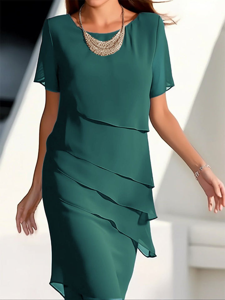 Women's Tiered Chiffon Fall Midi Dress Round Neck Short Sleeve
