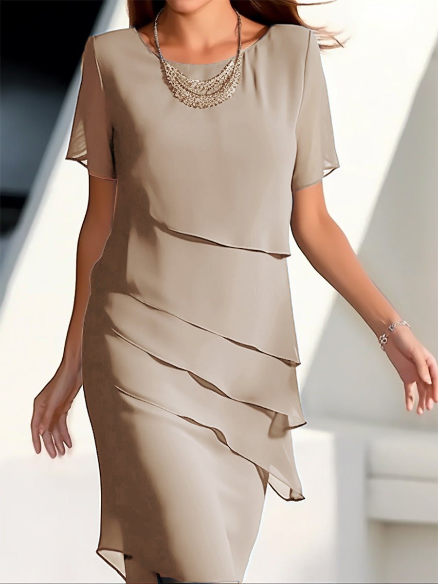 Women's Tiered Chiffon Fall Midi Dress Round Neck Short Sleeve