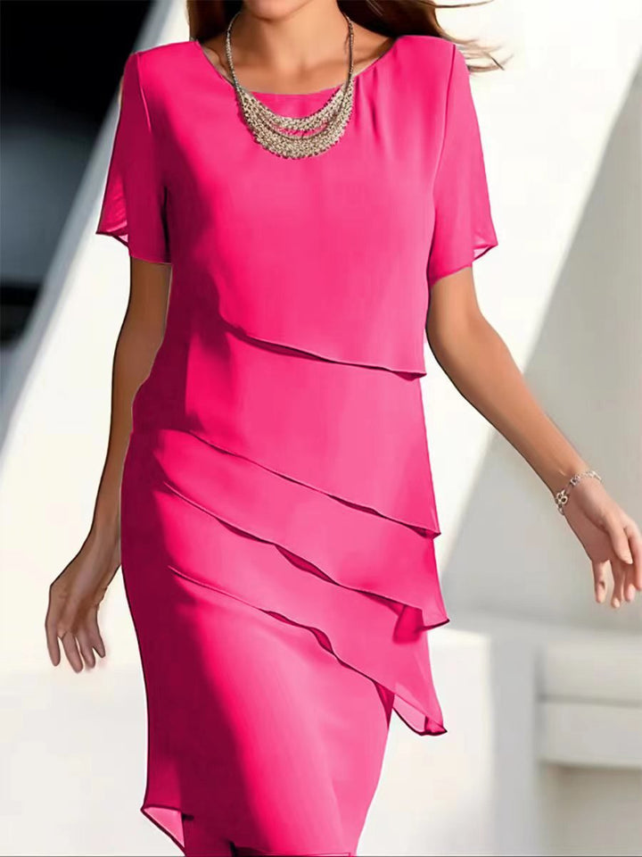 Women's Tiered Chiffon Fall Midi Dress Round Neck Short Sleeve